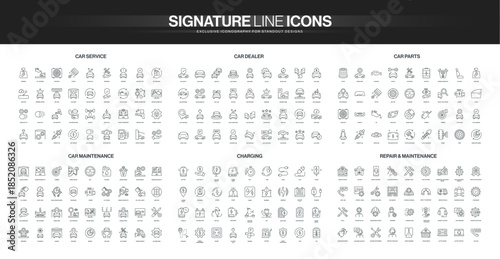 Comprehensive set of thin line icons covering car service, dealership, parts, maintenance, charging, and repair concepts for automotive industry isolated vector illustration