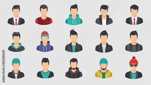 Collection of diverse male avatars in casual and formal wear.