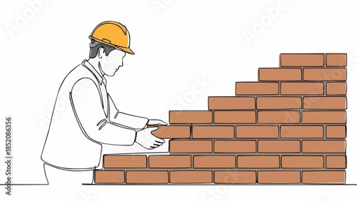 Construction worker building a brick wall with focus and precision.