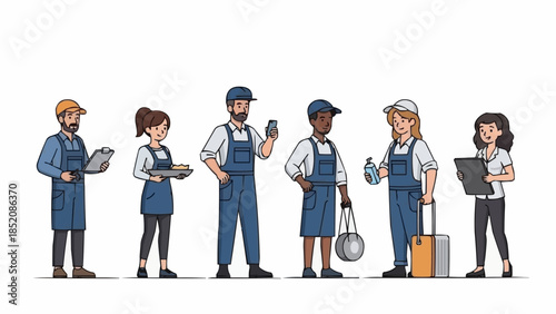 Diverse group of service workers standing together in a line.