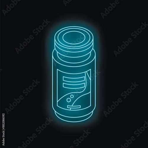 Neon blue medicine bottle glowing on a dark background, representing pharmaceutical products, healthcare, and wellness