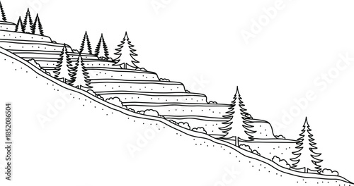 Hand drawn black and white sketch illustrating agricultural rice terraces built into a steep hillside with pine trees