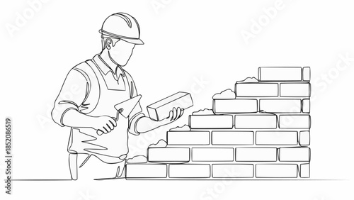 Construction worker building a brick wall with tools and materials.