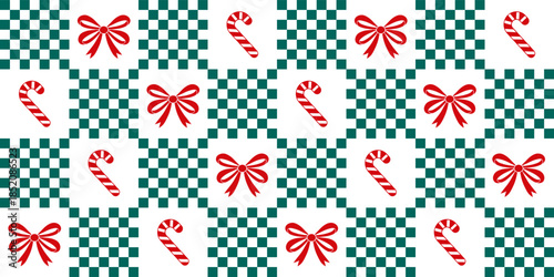 Christmas seamless pattern with checker, red bow and candy cane, Xmas holiday background, winter wrap paper print texture
