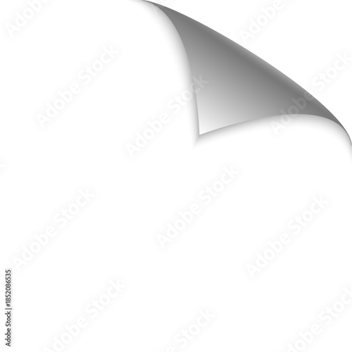 Curved corner paper with shadow. Curled edge corner. Page curl isolated on transparent background. Rolled up sticker, peel banners, bent sheet