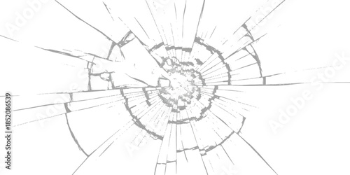 Shattered glass effect with a radiating crack pattern on a plain white background