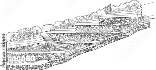 Detailed black and white elevation drawing of tiered retaining wall garden design for steep slopes