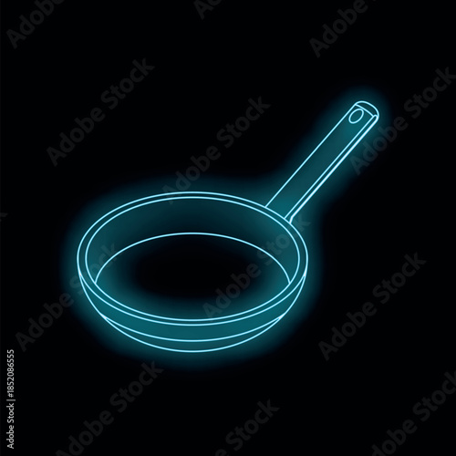 Neon frying pan glowing on dark background, symbolizing cooking and culinary art