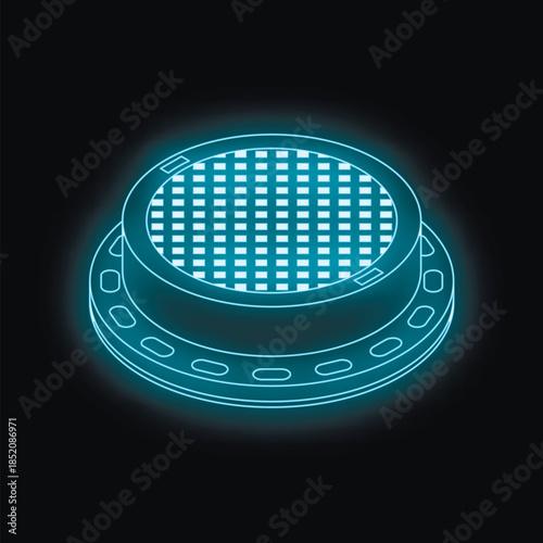 Futuristic neon blue glowing round metal grate with square holes covering a dark hole on a black background