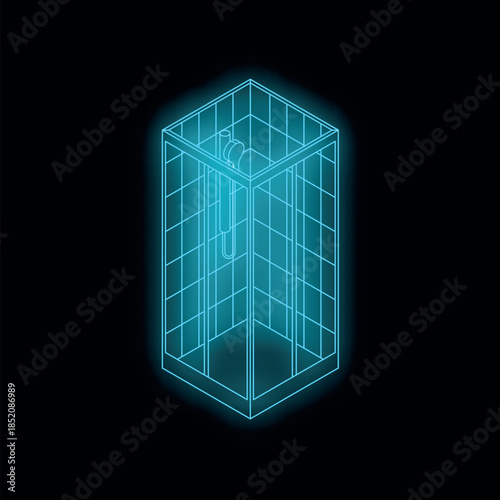 Shower cabin with sliding doors, neon isometric projection on black background, plumbing concept