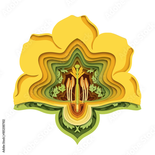 Yellow layered flower illustration with intricate design elements  
