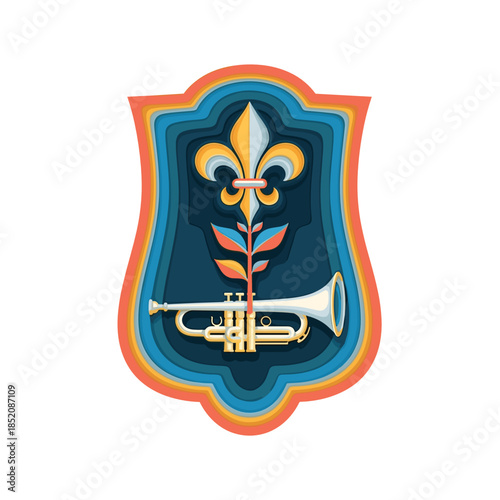 Fleur-de-lis and trumpet emblem in vibrant color scheme  