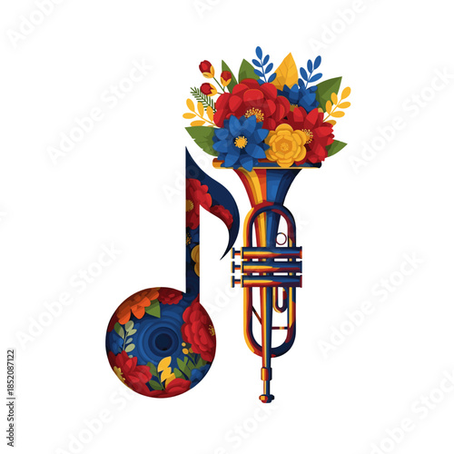 Colorful trumpet and musical note filled with vibrant floral design  