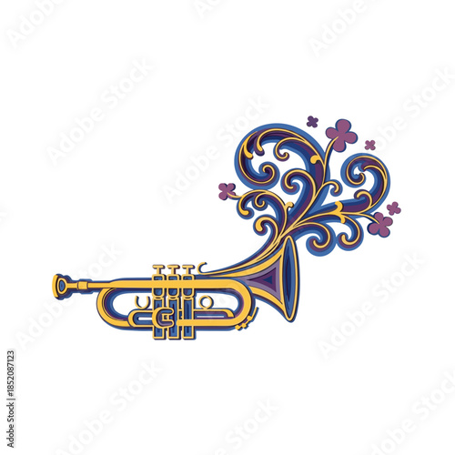 Ornate trumpet illustration with floral decorations and swirling design  