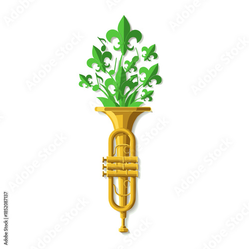 Brass tuba with green fleur-de-lis leaves growing from bell  