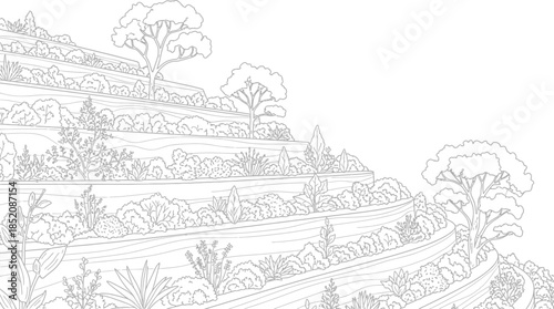Black and white illustration of extensive tiered hillside landscaping featuring various shrubs trees and planting beds
