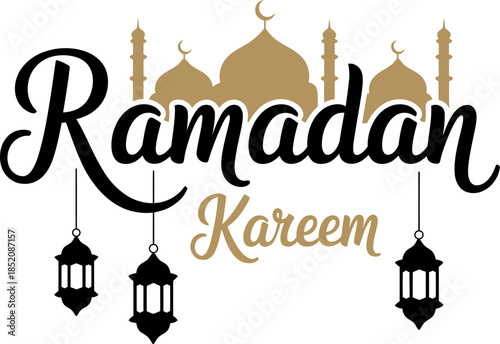 Ramadan Kareem Greeting with Mosque Silhouette and Decorative Lanterns