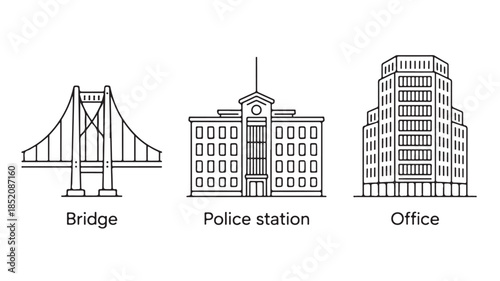 Urban infrastructure icons in simple line art style with black and white color scheme on clean white background for graphic design