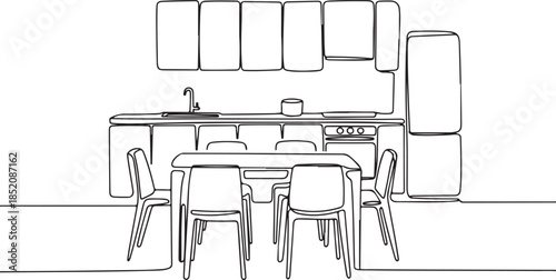 The graphic depicts a kitchen that opens into a dining space, highlighting a specific type of open-plan living and an efficient layout for small to medium-sized homes.