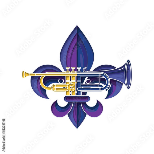 Brass trumpet integrated with purple fleur-de-lis design  