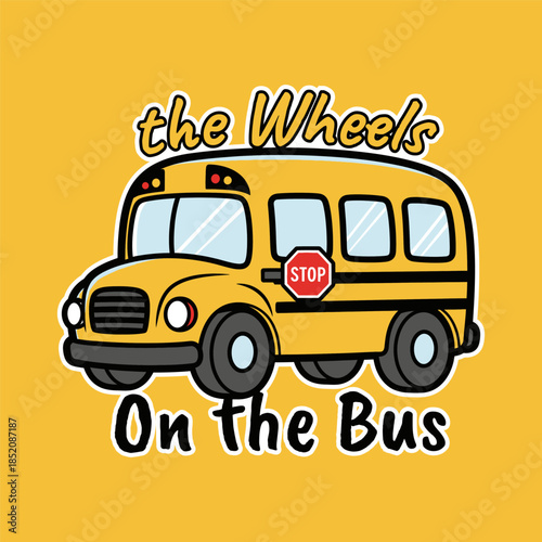 Cute yellow school bus cartoon t-shirt graphic with playful style and bold outline. Ideal for kids apparel, children clothing, preschool wear, fun daily outfit, and cheerful graphic tees.