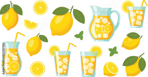 Fresh Lemonade Drinks And Lemon Fruits Collection With Glasses Pitcher And Ice Isolated On White Background Flat Vector Illustration