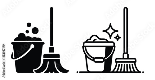 Mop and a bucket, Common cleaning tools icon, Cleaning supplies including broom, bucket, and foam, silhouette, line art, outline, symbol, illustration, graphic, vector