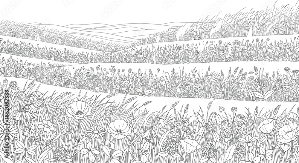 Fototapeta premium Detailed black and white line art coloring page depicting a scenic meadow full of wildflowers and rolling hills