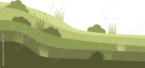 Minimalist illustration of layered green hillsides with stylized grass clumps under a pale blue sky