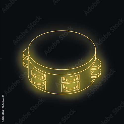 Neon tambourine glowing on dark background, musical instrument concept