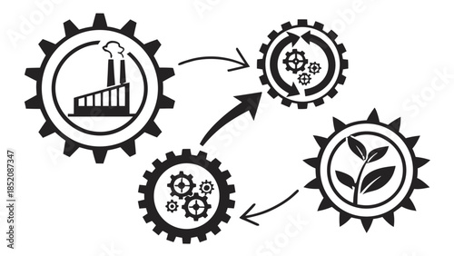 Sustainable Industrial Recycling Process Gear Diagram, A black and white vector illustration using gear shapes to show the connection between factory production, mechanical recycling processes, 