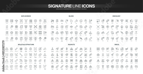 Comprehensive line icon collection covering data science, blood analysis, oncology, molecular structure, rockets, and space exploration themes isolated vector illustration