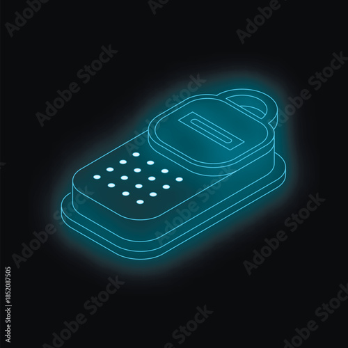 Isometric view of a glowing blue pager on a dark background, representing communication technology