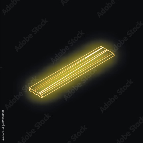 Neon yellow wooden plank glowing on black background, representing lumber, construction, and carpentry