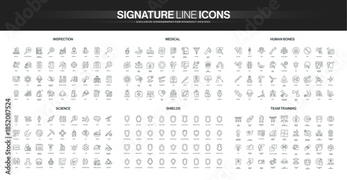 Line icon collection covering inspection, medical tools, human bones, science, shields, and team training concepts, suitable for diverse educational and professional uses isolated vector illustration