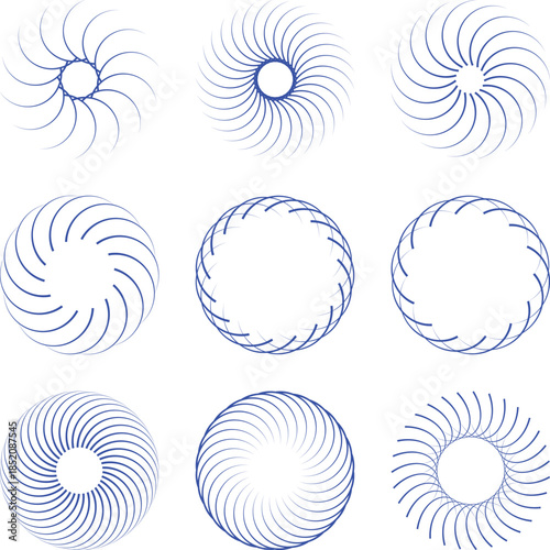 Blue spiral pattern, abstract geometry, radial symmetry, circular vector, parametric art, digital texture, modern design, curved lines, mathematical illustration, symmetry