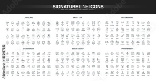 Collection of thin line icons showing landscape, smart city, CO2 emissions, environment, solar and power energy concepts, clean technology, sustainability isolated vector illustration