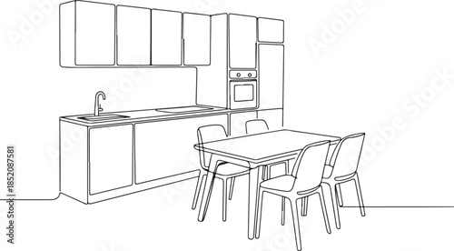 A technical drawing or sketch detailing the configuration of a kitchen space, often used by designers to plan the functional areas (storage, prep, cooking, washing) and traffic flow.