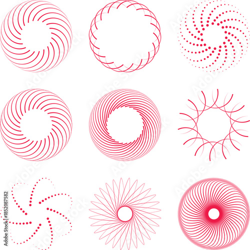 Red spiral pattern, abstract geometry, circular design, radial symmetry, parametric art, dot texture, vector illustration, modern curves, mathematical shape, symmetry