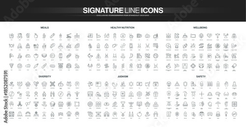 Collection of thin line icons covering meals, healthy nutrition, wellbeing, diversity, Judaism, and safety themes, suitable for visualizing lifestyle and cultural concepts isolated vector illustration