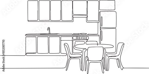  A clean, outline illustration showcasing key kitchen elements and a dining set, popular in modern vector design for website development and instructional use.