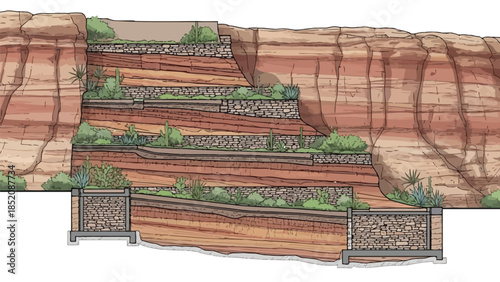 Diagram illustrating stepped retaining walls for stabilizing arid hillside terrain with xeriscaping and soil layers