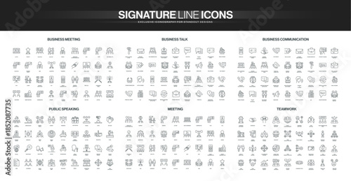 Collection of thin line icons showing business meetings, teamwork, public speaking, communication, and collaboration concepts, useful for corporate and office topics isolated vector illustration