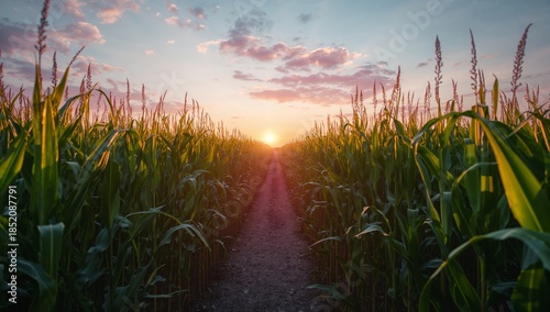 Sunset Over Cornfield With Pathway Leading Through Tall Crops in Rural Area