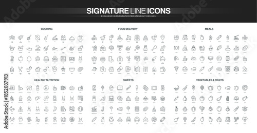 Comprehensive line icon set featuring cooking, food delivery, meals, healthy nutrition, sweets, vegetables and fruits themes, detailed for culinary and dietary concepts isolated vector illustration