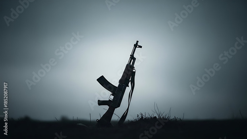 Striking silhouette of a firearm standing in a desolate, misty landscape, compelling footage for evocative videos