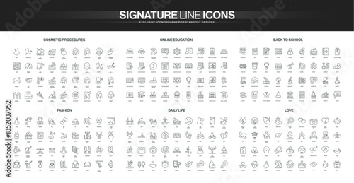 Modern line icons set covers cosmetic procedures, online education, school, fashion, daily life, and love themes, each block detailed for diverse lifestyle concepts isolated vector illustration
