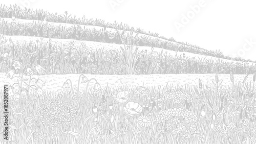 Detailed black and white line art illustration of terraced wildflower meadow with blooming flora and tall grasses