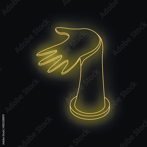 Neon yellow mannequin hand open on a pedestal on black background, ideal for showcasing jewelry or other products