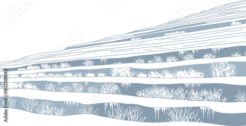 Stylized illustration of winter terraced landscape featuring icy formations and white brush plants on a hillside